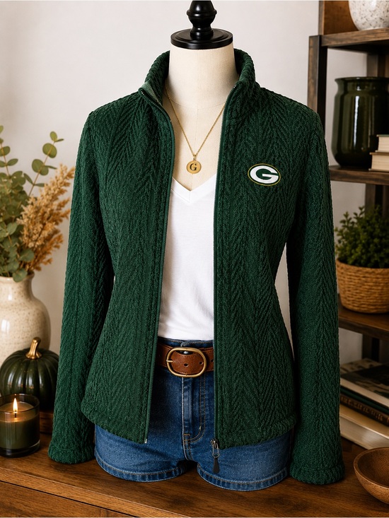 NFL Jackets & Blazers - NFL Green Bay Packers Textured Full Zip Pockets Jacket Womens L Fleece Mock Neck